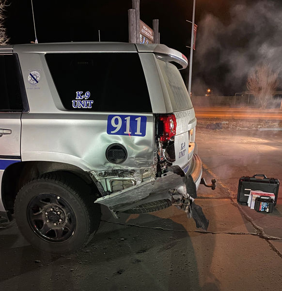 Damaged patrol vehicle. Photo by Sublette County Sheriff's Office.